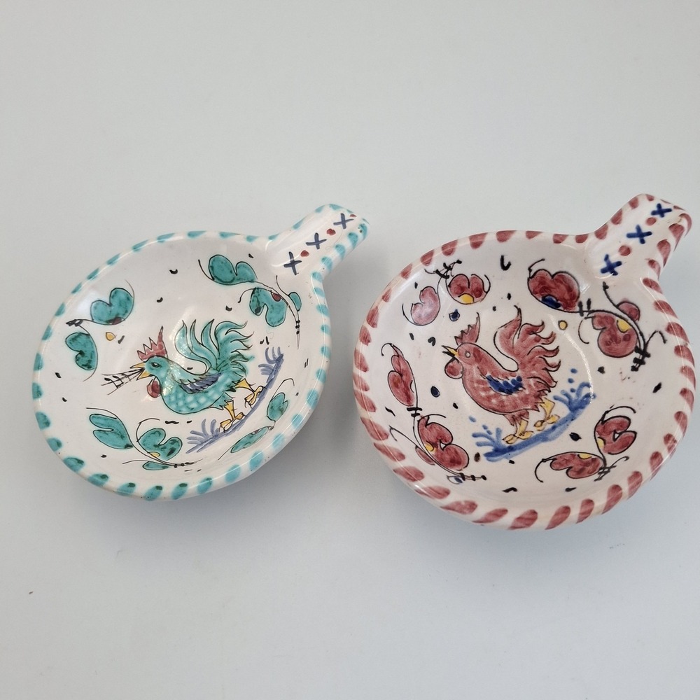 Vintage PV Italy Rooster Dipping Bowls Tea Bag Holders Hand‎ Painted Set Of 2